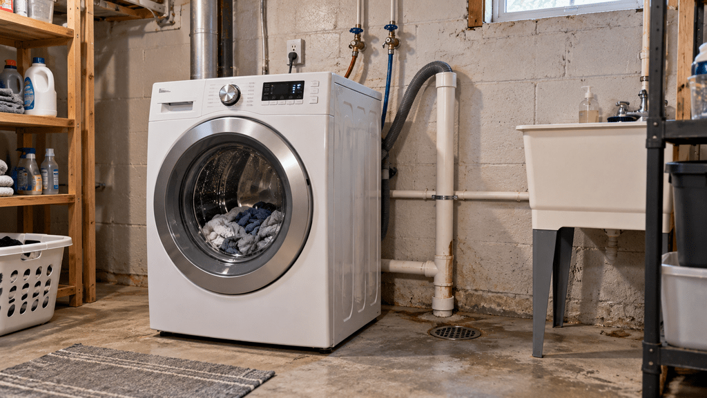 Washing machine installed in an older Northeast Ohio basement laundry area