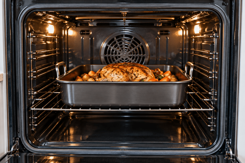Large roasting pan positioned near the rear fan of a convection oven