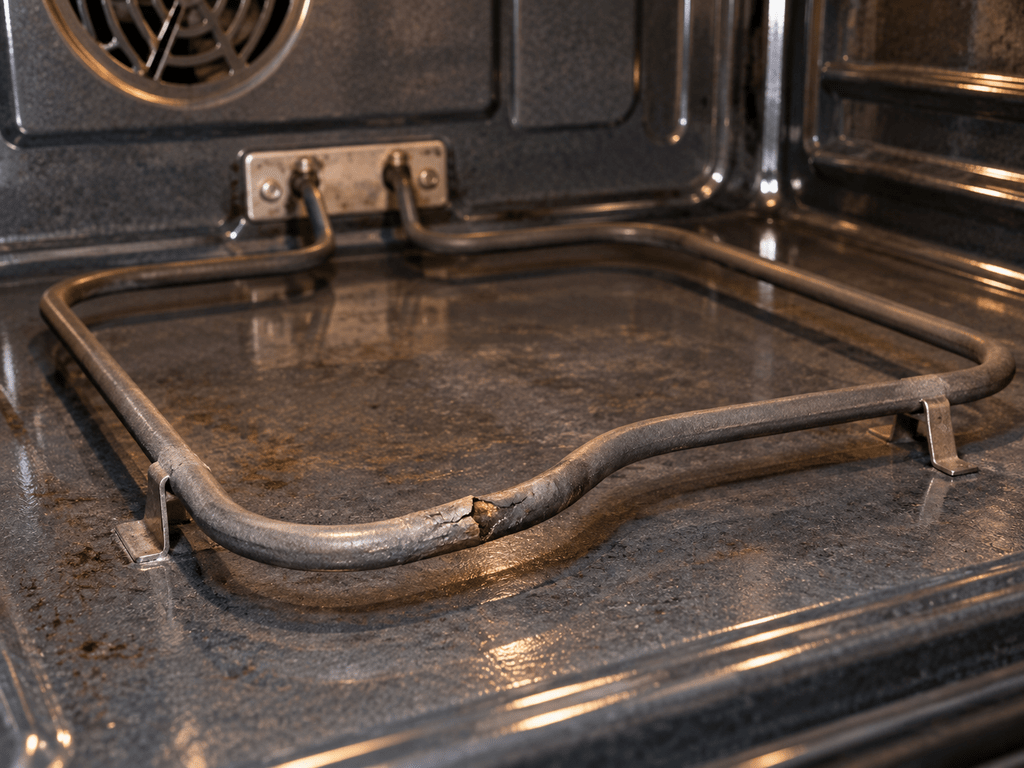 Close-up of an oven bake element with a small visible damaged area