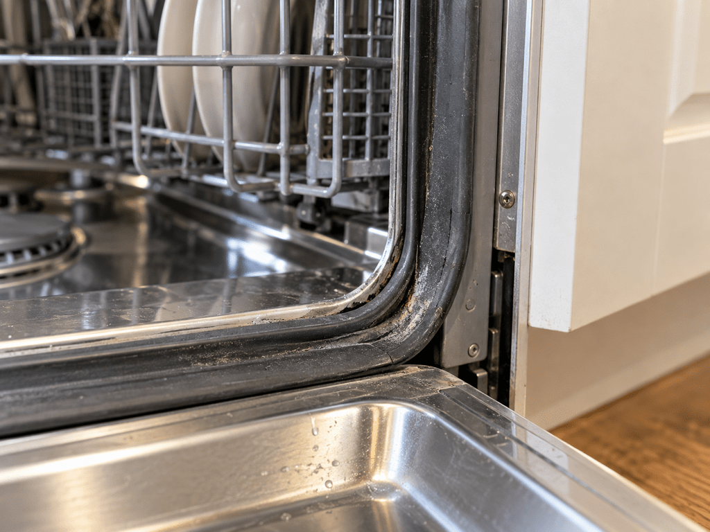Close-up of the rubber door gasket along the edge of an open dishwasher