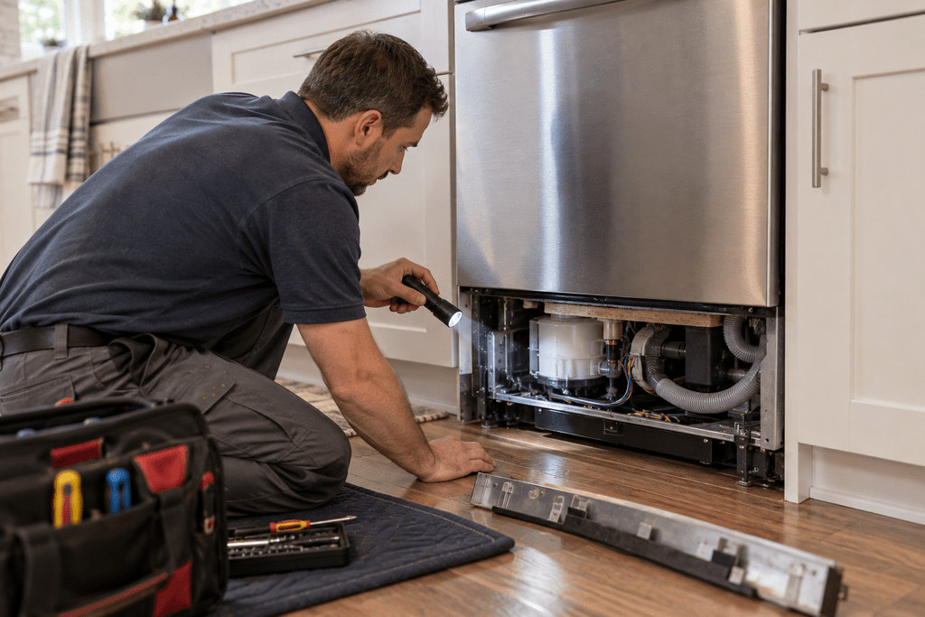 Appliance technician inspecting the lower area of a built-in dishwasher for a hidden leak