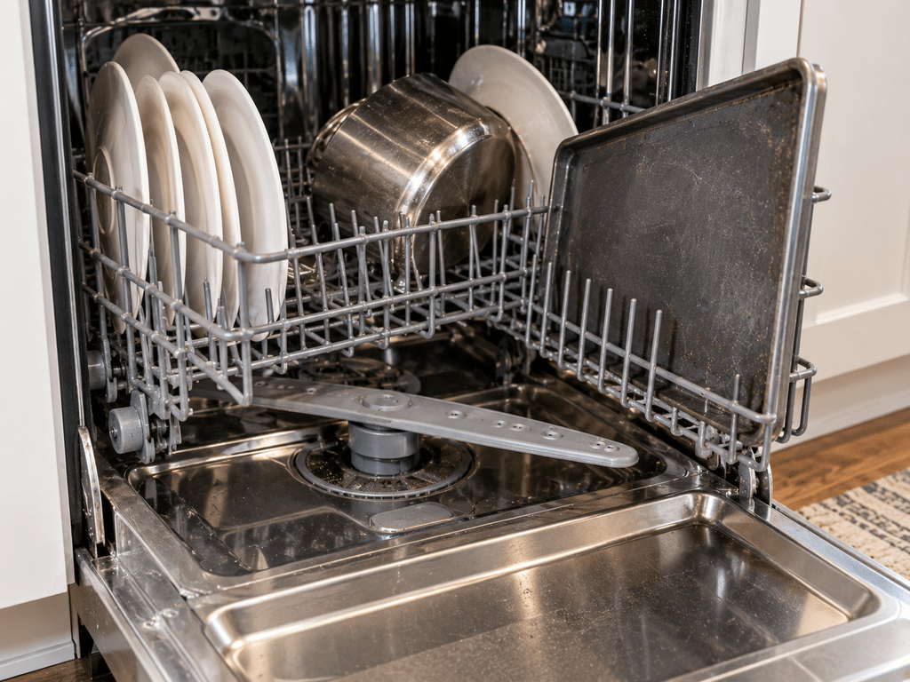 Open dishwasher showing a lower spray arm and large cookware positioned in the rack