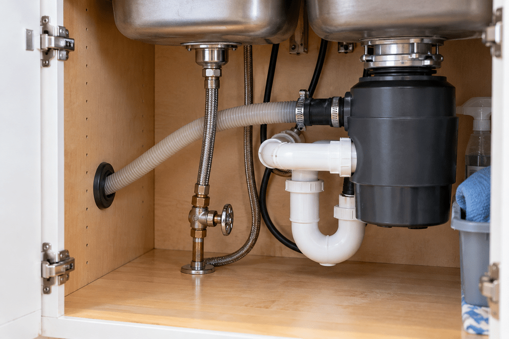 Dishwasher water supply and drain connections inside a kitchen sink cabinet