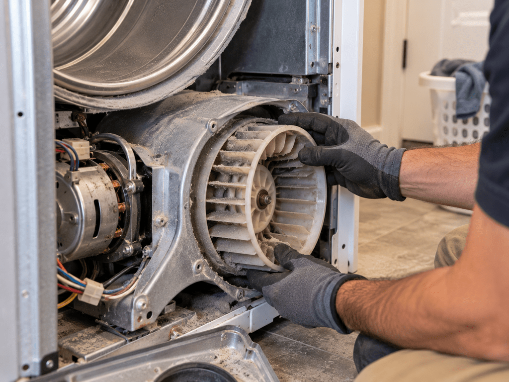 Dryer blower wheel exposed for inspection inside a disassembled clothes dryer