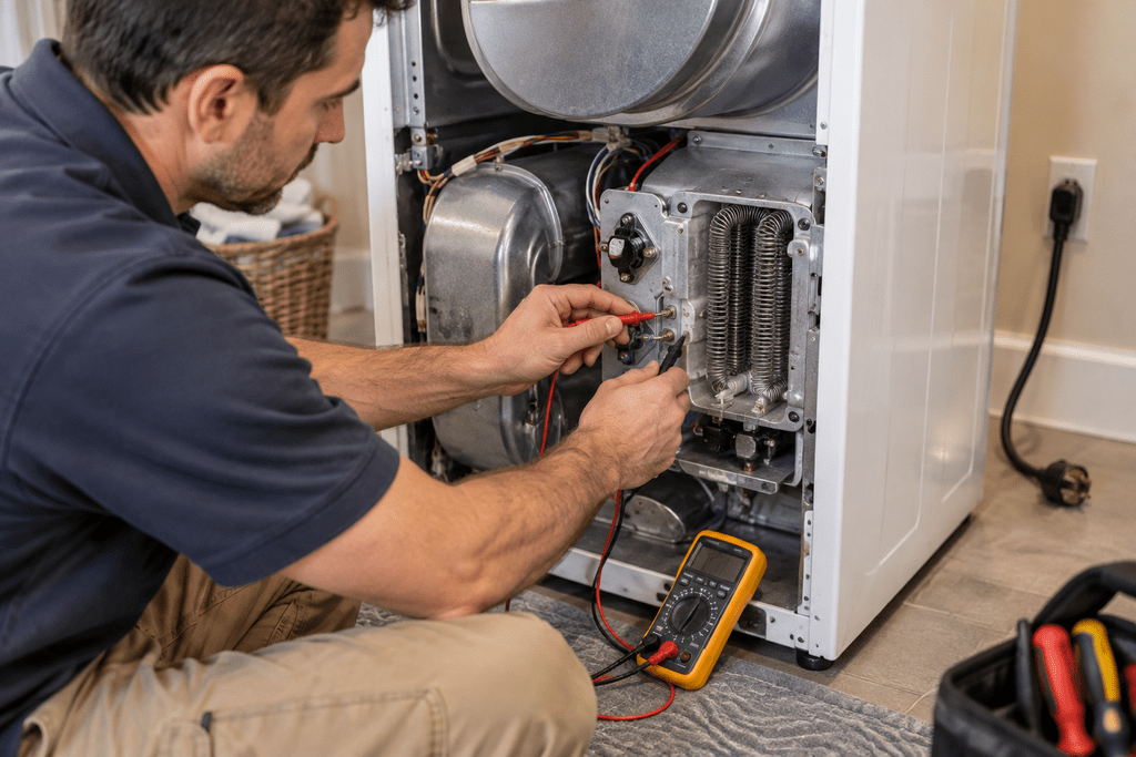 Technician testing dryer heating components with the appliance disconnected from power