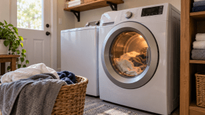 Clothes dryer running in a residential laundry room with freshly dried clothes nearby