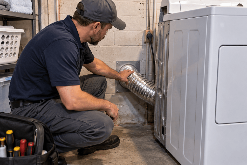Technician inspecting a residential dryer vent connection