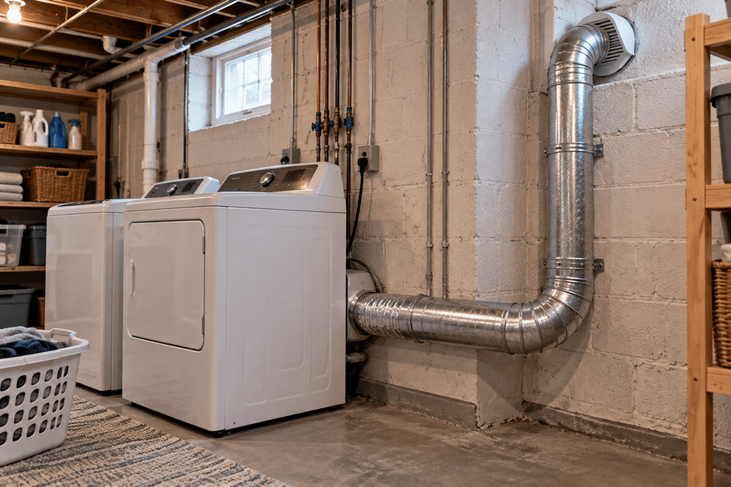 Dryer and exhaust duct running through a basement laundry area