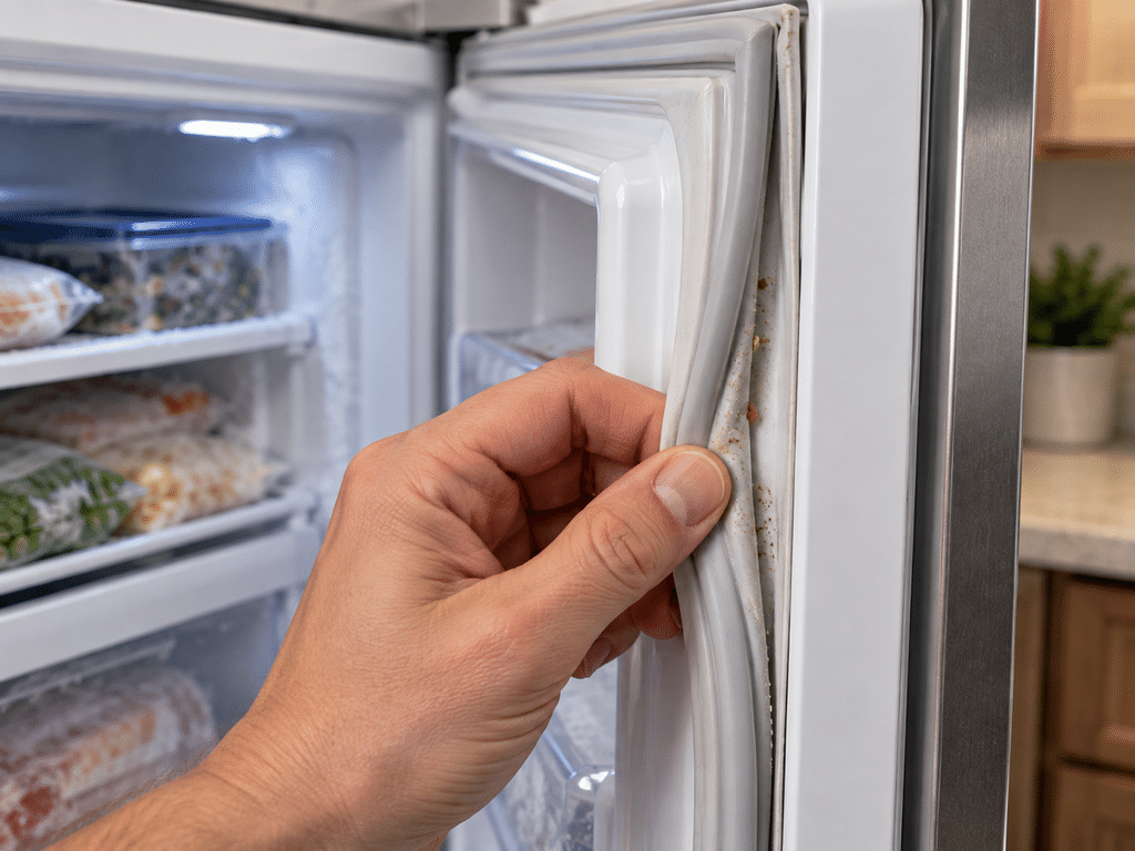 Close-up of a freezer door gasket with light food residue along the seal