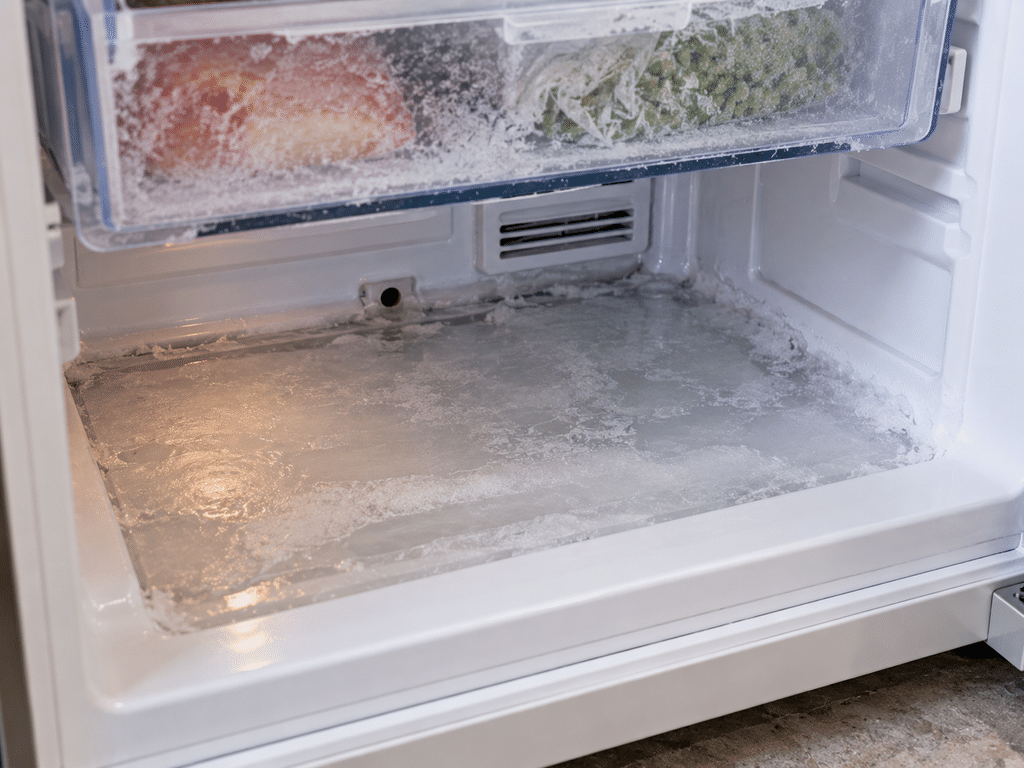 Thin sheet of clear ice across the bottom of a freezer below the lower drawer