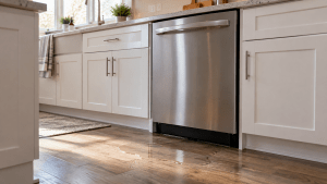 Small puddle of water on the kitchen floor in front of a built-in dishwasher