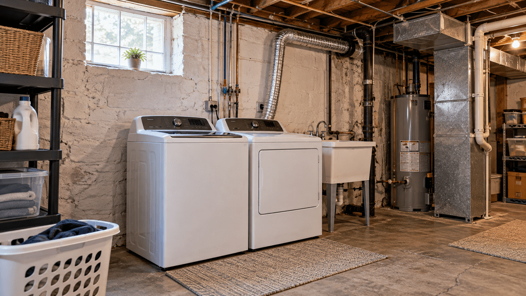 Modern laundry appliances installed in the basement of an older Cleveland-area home