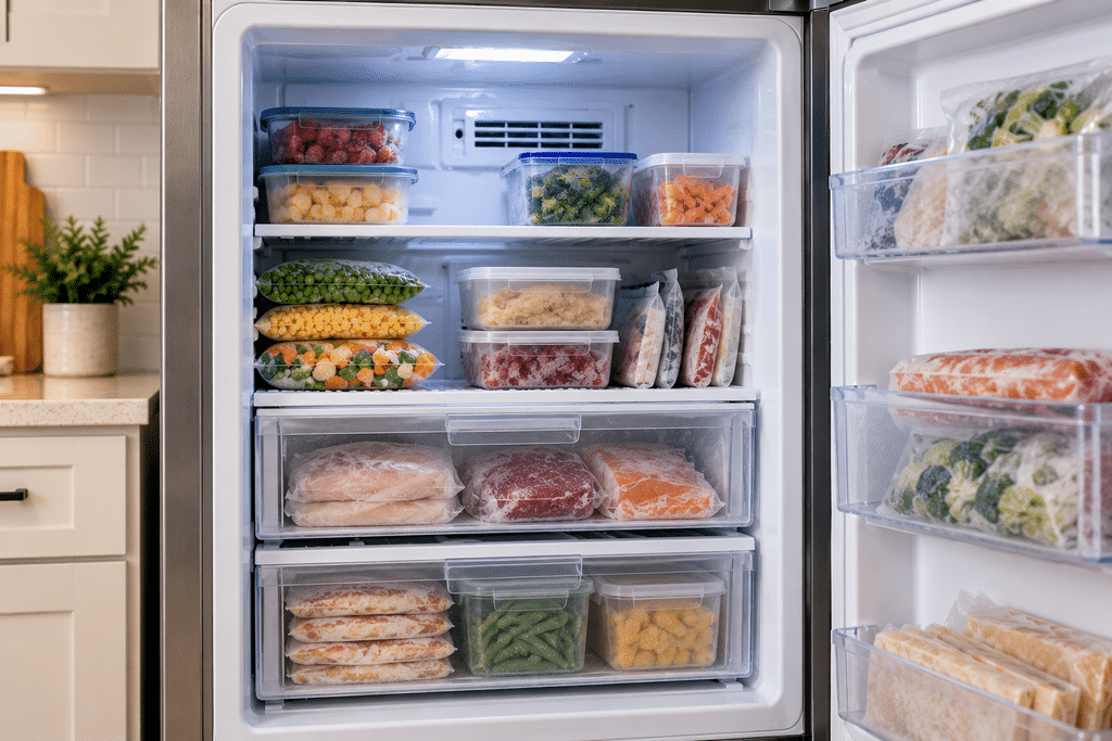 Organized freezer with sealed food containers and clear space around the rear air vents