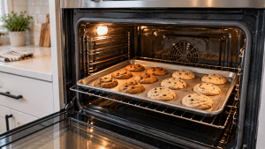 Tray of cookies browning unevenly inside a residential oven