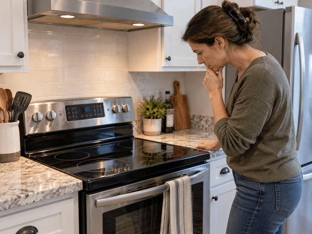 Homeowner examining a turned-off range after noticing an operating problem