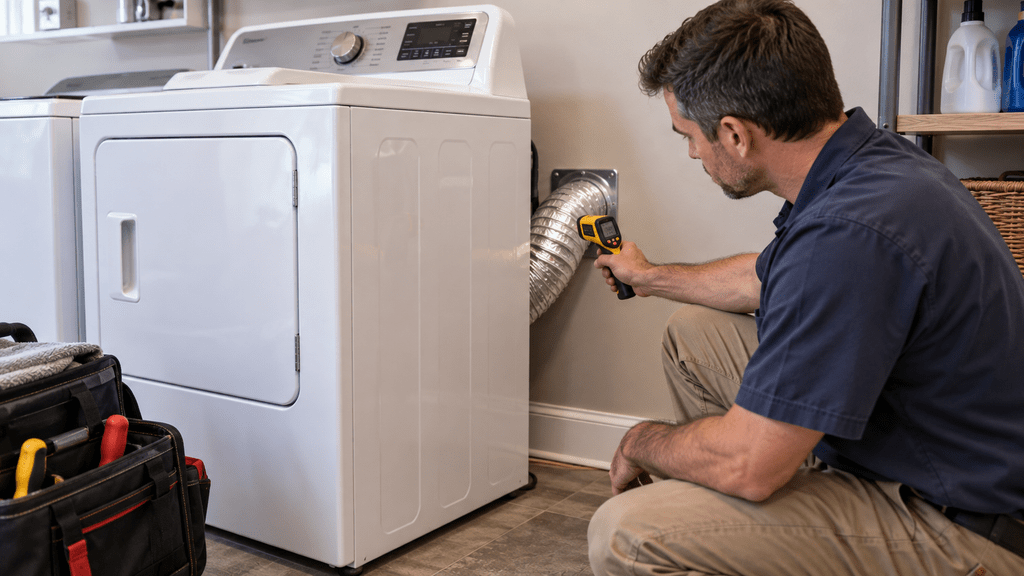 Technician checking dryer temperature and airflow during a professional inspection
