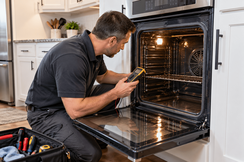 Appliance technician diagnosing a residential oven in a kitchen