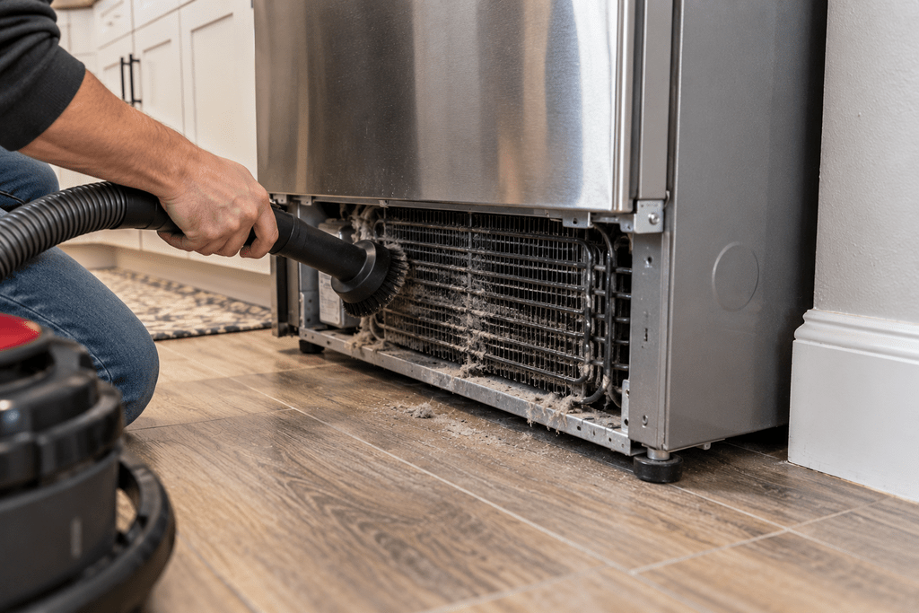 Dust buildup around the accessible lower ventilation area of a refrigerator