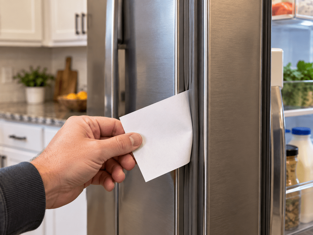 Homeowner checking a refrigerator door gasket with a sheet of paper