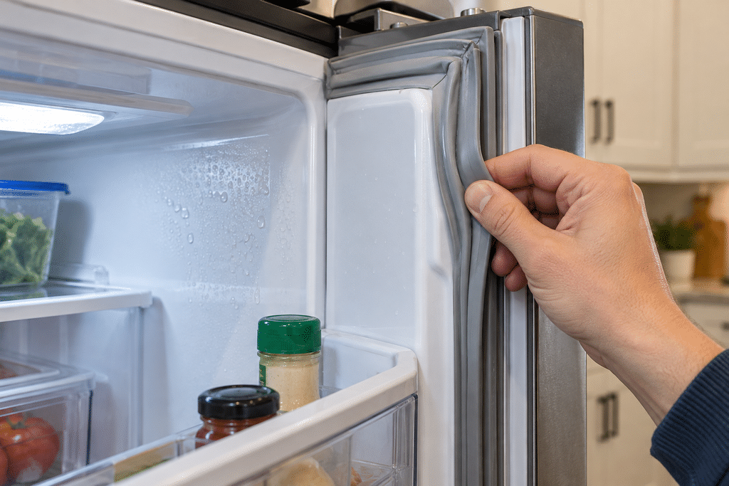Homeowner inspecting a refrigerator door gasket with light condensation nearby
