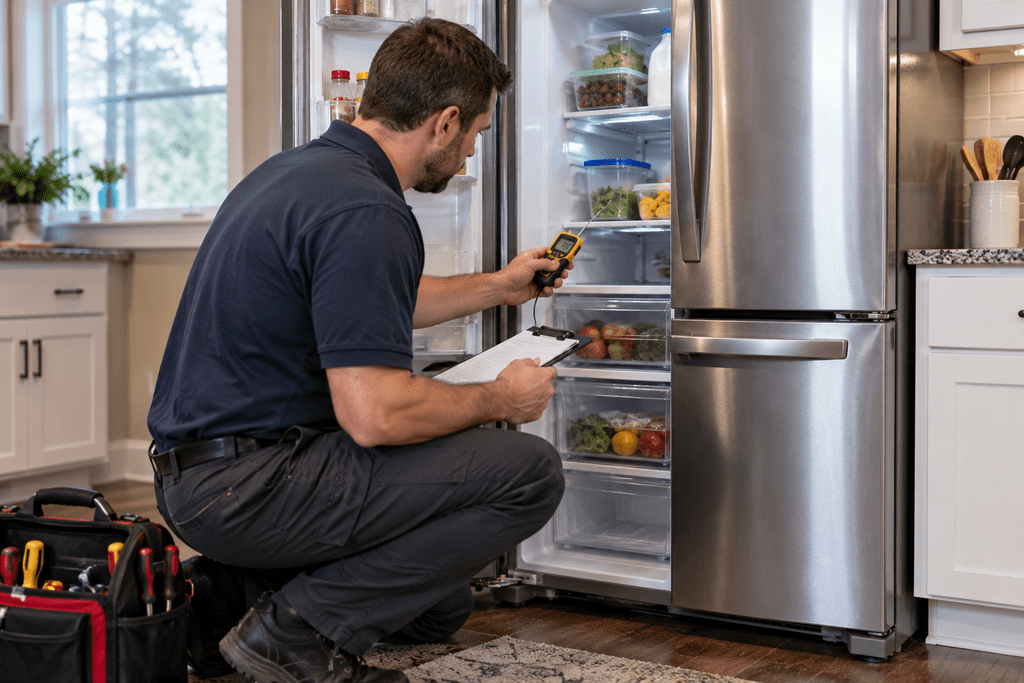 Appliance technician diagnosing a refrigerator in a residential kitchen