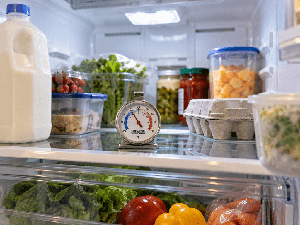 Refrigerator thermometer inside a residential refrigerator