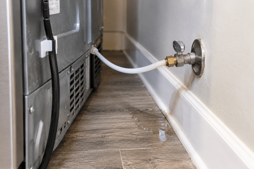 Refrigerator water supply line and connection behind the appliance
