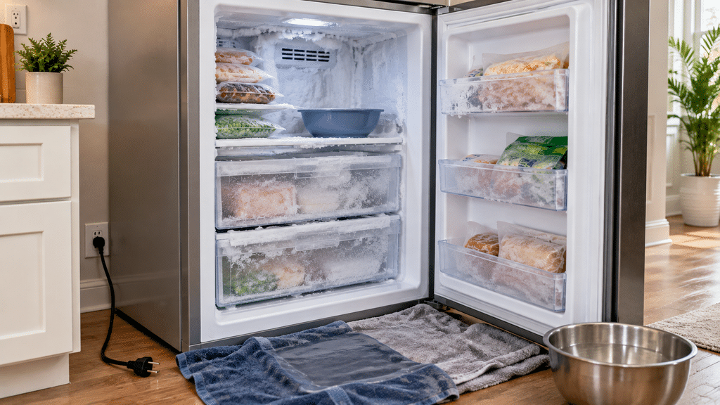 Unplugged freezer defrosting naturally with towels placed below the open door