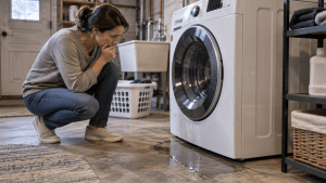 Homeowner noticing water on the floor near a washing machine