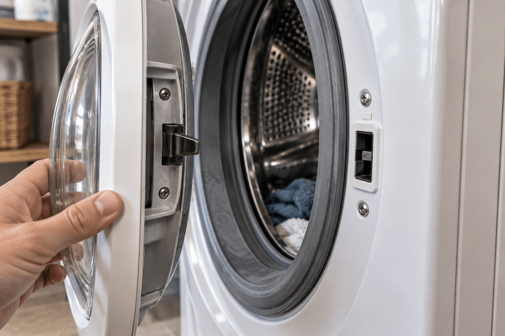 Close-up of a front-load washer door latch and locking area