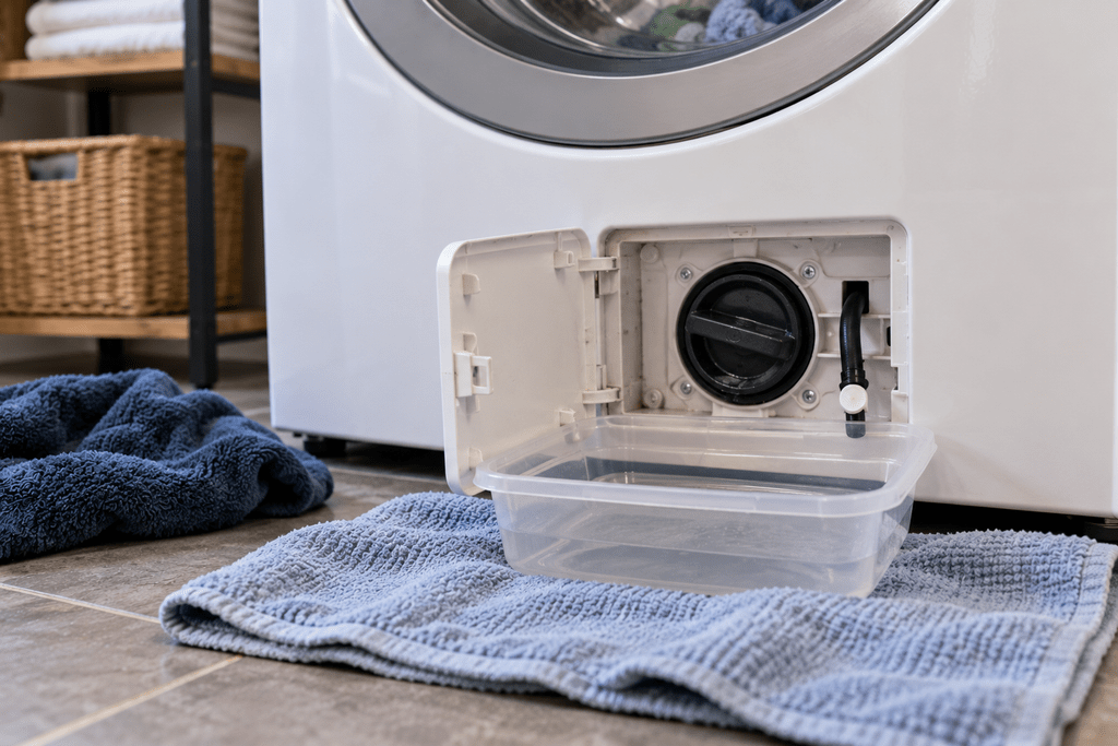 Washer drain filter area with a shallow pan and towels prepared for water