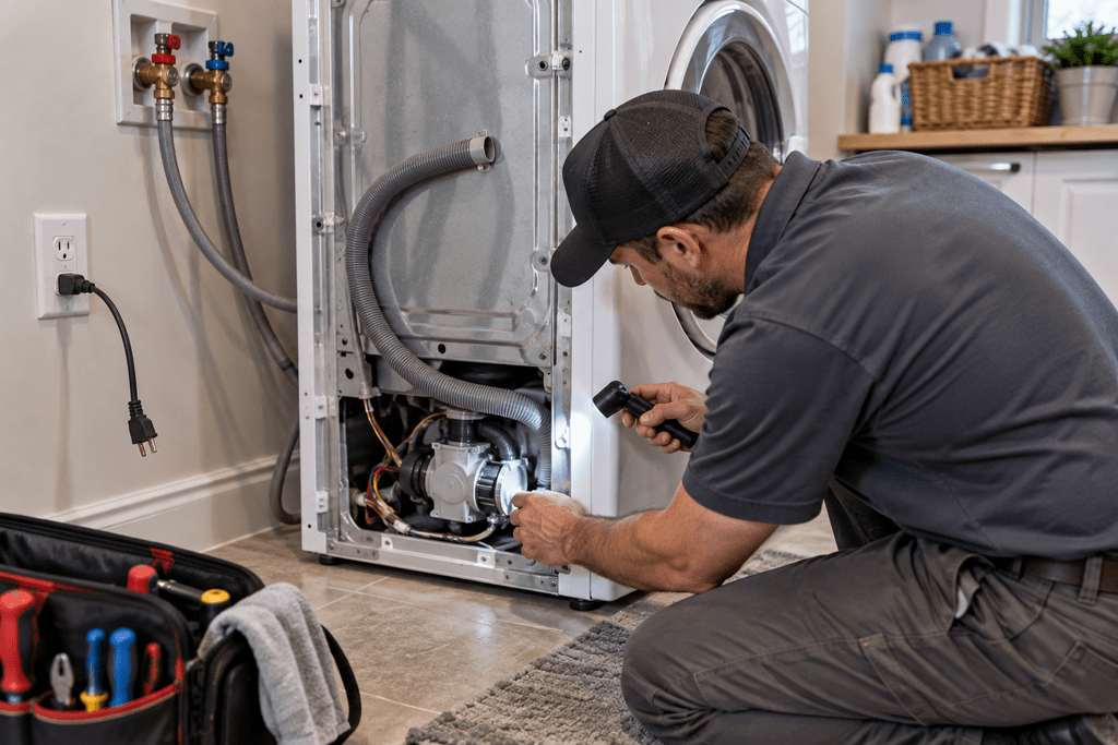 Appliance technician inspecting an unplugged washing machine during diagnosis