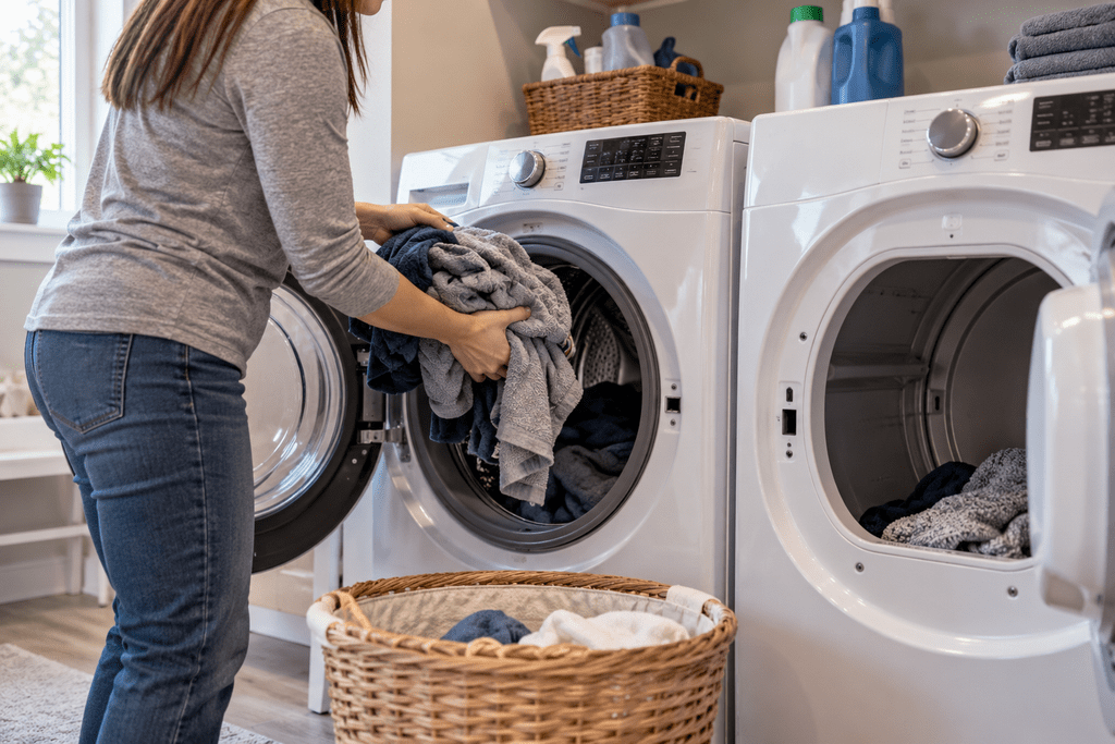 Homeowner transferring damp laundry from a washer to a dryer
