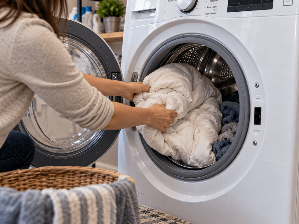 Wet bulky laundry gathered unevenly inside a washing machine drum