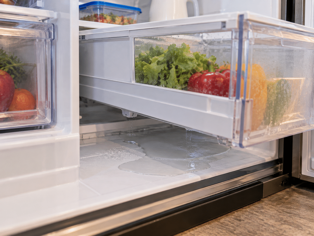 Water collected beneath the crisper drawers inside a refrigerator