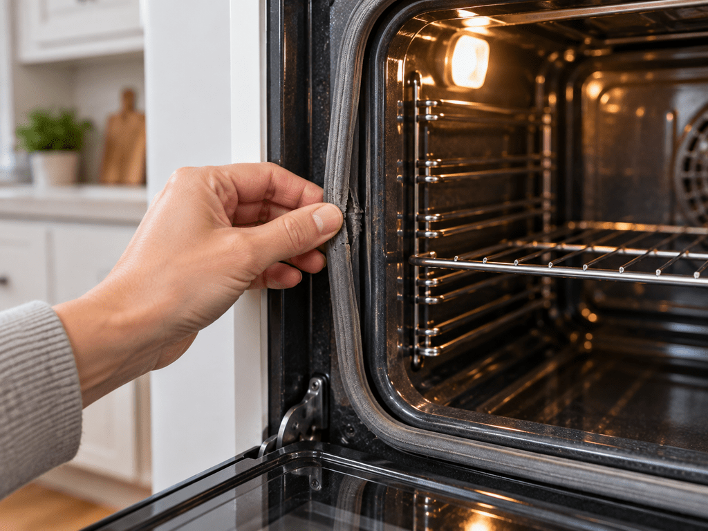 Homeowner inspecting a worn section of an oven door gasket